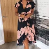 Black and Blush Floral Print Wrap Midi Dress