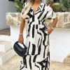 Black And Cream Abstract Print V Neck Batwing Midi Dress