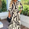 Black And Cream Abstract Print 3/4 Sleeve Shirt Midi Dress