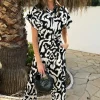 Black And Cream Abstract Print Button Front Collared Tie Waist Jumpsuit