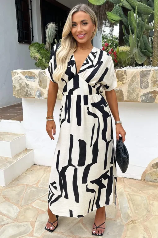 Black And Cream Abstract Print V Neck Batwing Midi Dress