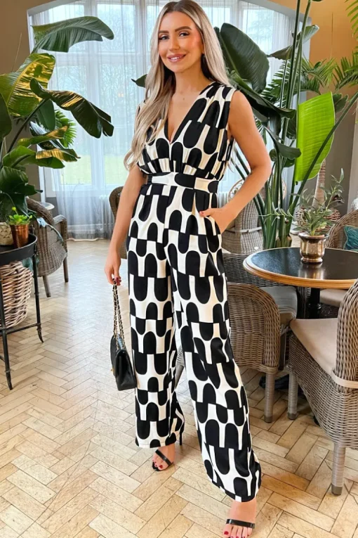 Black And Cream Abstract Print Jumpsuit