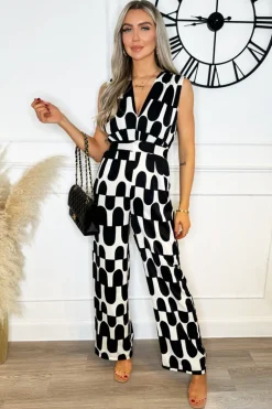 Black And Cream Abstract Print Jumpsuit
