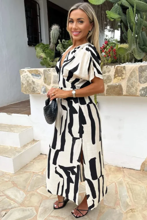 Black And Cream Abstract Print V Neck Batwing Midi Dress