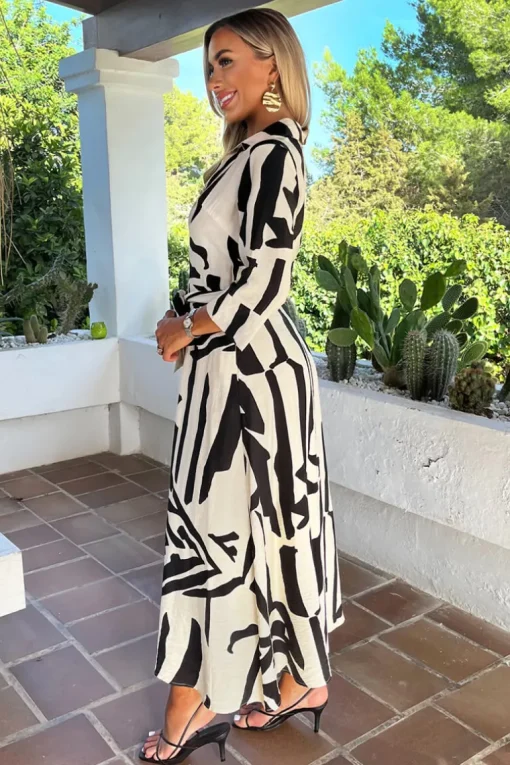 Black And Cream Abstract Print 3/4 Sleeve Shirt Midi Dress