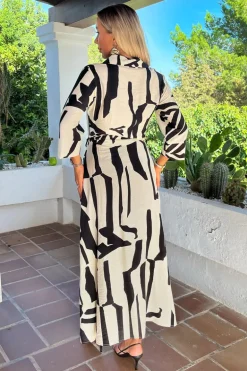 Black And Cream Abstract Print 3/4 Sleeve Shirt Midi Dress