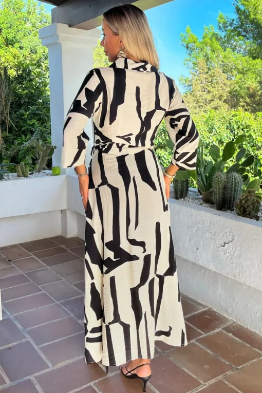 Black And Cream Abstract Print 3/4 Sleeve Shirt Midi Dress