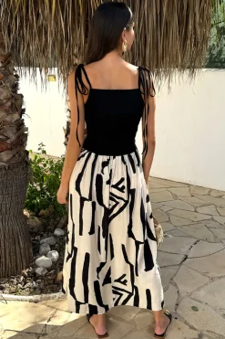 Black And Cream Abstract Print 2 in 1 Ruched Side Tie Straps Midi Dress