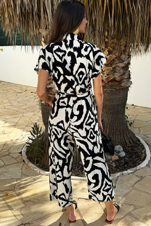 Black And Cream Abstract Print Button Front Collared Tie Waist Jumpsuit