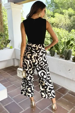 Black And Cream Abstract Print 2 In 1 Culotte Jumpsuit