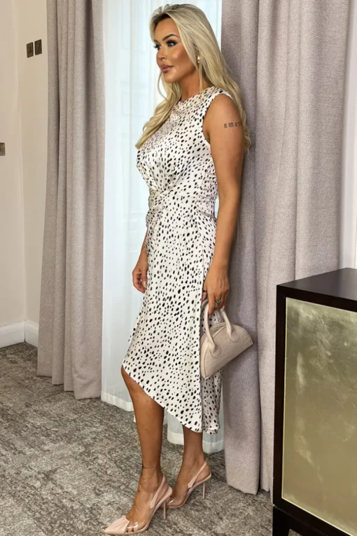 Black And Cream Cheetah Print Gathered Midi Dress With Shoulder Pads