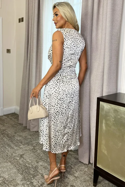 Black And Cream Cheetah Print Gathered Midi Dress With Shoulder Pads