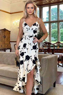 Black and Cream Floral Print Frill Hem Midi Dress