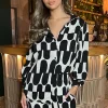 Black And Cream Geometric Print 3/4 Sleeve Shirt