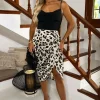 Black and Cream Leopard Print 2 In 1 Strappy Cowl Neck Gathered Midi Dress