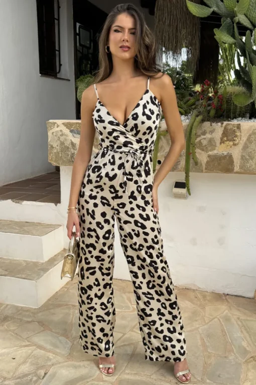 Black And Cream Leopard Print Strappy Tie Waist Jumpsuit