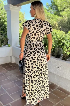 Black And Cream Leopard Print Short Sleeve Belted Wrap Midi Dress