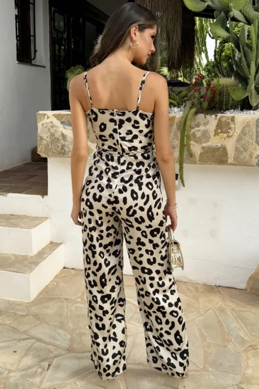 Black And Cream Leopard Print Strappy Tie Waist Jumpsuit