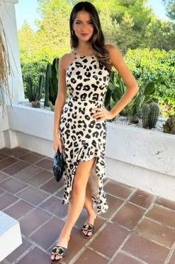 Black and Cream Leopard Print High Low Frill Hem Midi Dress