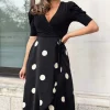 Black And Cream Polka Dot 2 in 1 Wrap Over Midi Dress
