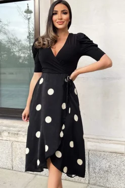 Black And Cream Polka Dot 2 in 1 Wrap Over Midi Dress