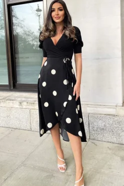Black And Cream Polka Dot 2 in 1 Wrap Over Midi Dress