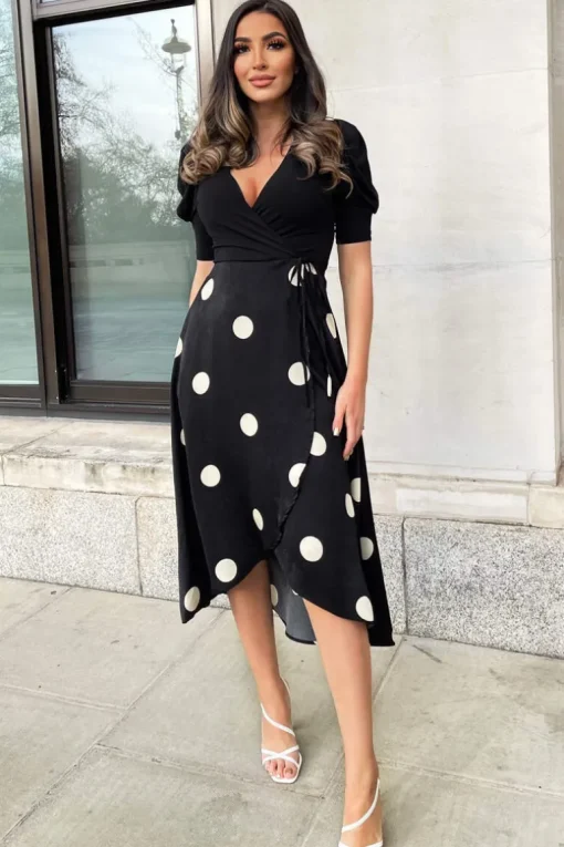 Black And Cream Polka Dot 2 in 1 Wrap Over Midi Dress