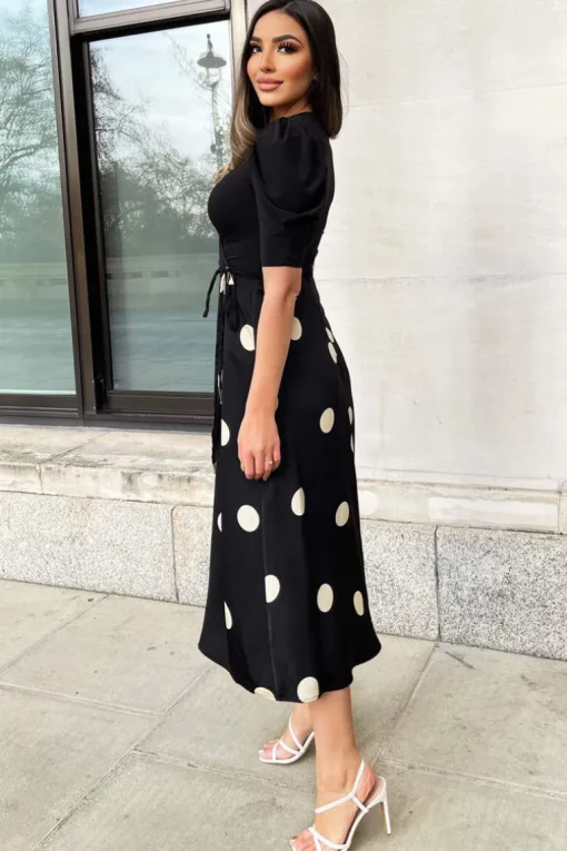 Black And Cream Polka Dot 2 in 1 Wrap Over Midi Dress