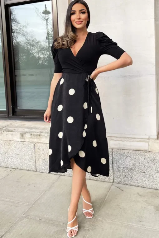Black And Cream Polka Dot 2 in 1 Wrap Over Midi Dress
