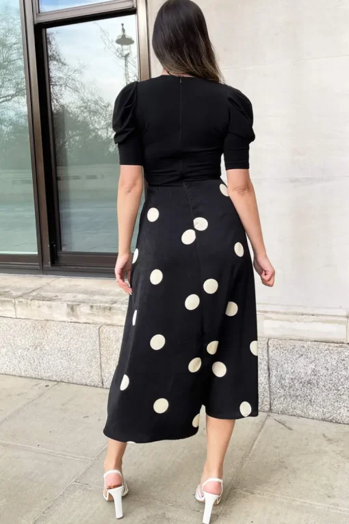 Black And Cream Polka Dot 2 in 1 Wrap Over Midi Dress