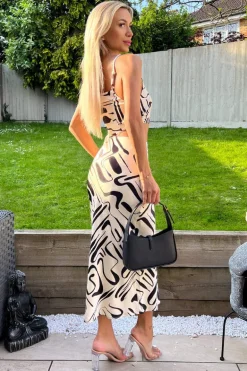 Black And Cream Printed Asymmetric Cut Out Midi Dress