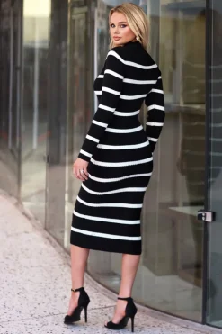 Black And Cream Stripe Bodycon Knit Dress
