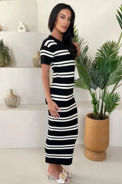 Black And Cream Striped Knitted Bodycon Midi Dress
