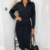 Black And Gold Polka Dot Gathered Midi Dress