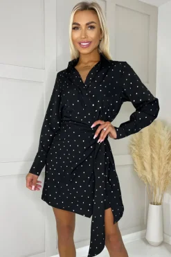 Black And Gold Polka Dot Wrap Tie Mini Dress