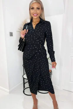 Black And Gold Polka Dot Gathered Midi Dress