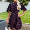 Black And Pink Floral Print Cut Out Day Dress