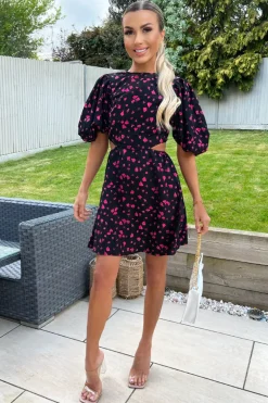 Black And Pink Floral Print Cut Out Day Dress