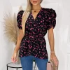 Black And Pink Floral Wrap Top