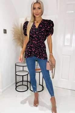 Black And Pink Floral Wrap Top