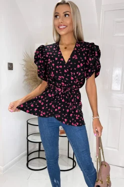 Black And Pink Floral Wrap Top