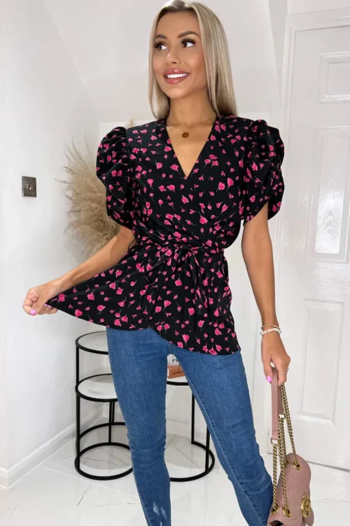 Black And Pink Floral Wrap Top