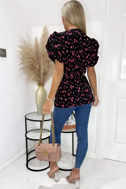 Black And Pink Floral Wrap Top