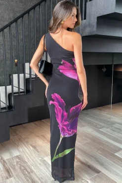 Black and Purple Flower Print One Shoulder Mesh Midi Dress