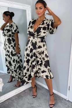 Black And Stone Abstract Print Wrap Midi Dress