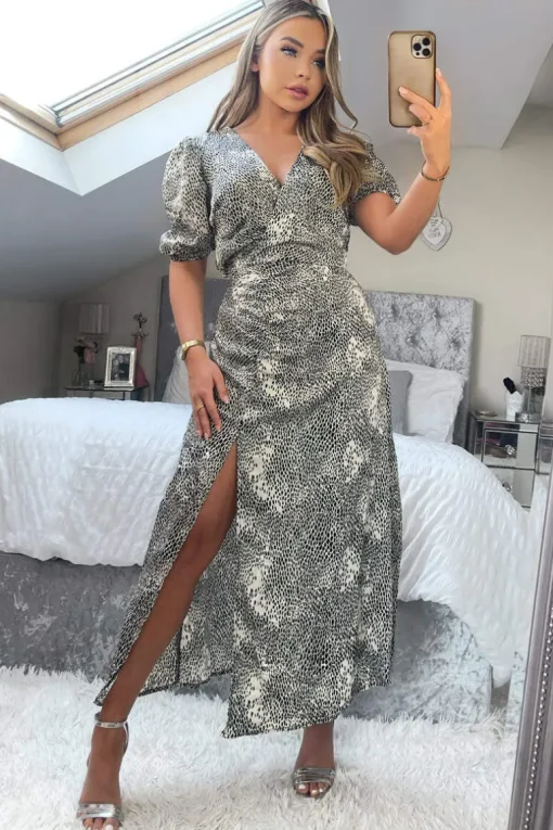 Black And Stone Printed Ruched Side Midi Dress