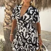 Black And White Abstract Print Wrap Top Skater Mini Dress