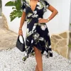 Black And White Floral Print Frill Hem Wrap Midi Dress