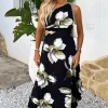 Black And White Floral Print One Shoulder Cut Out Pleated Midi Dress
