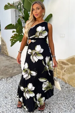 Black And White Floral Print One Shoulder Cut Out Pleated Midi Dress